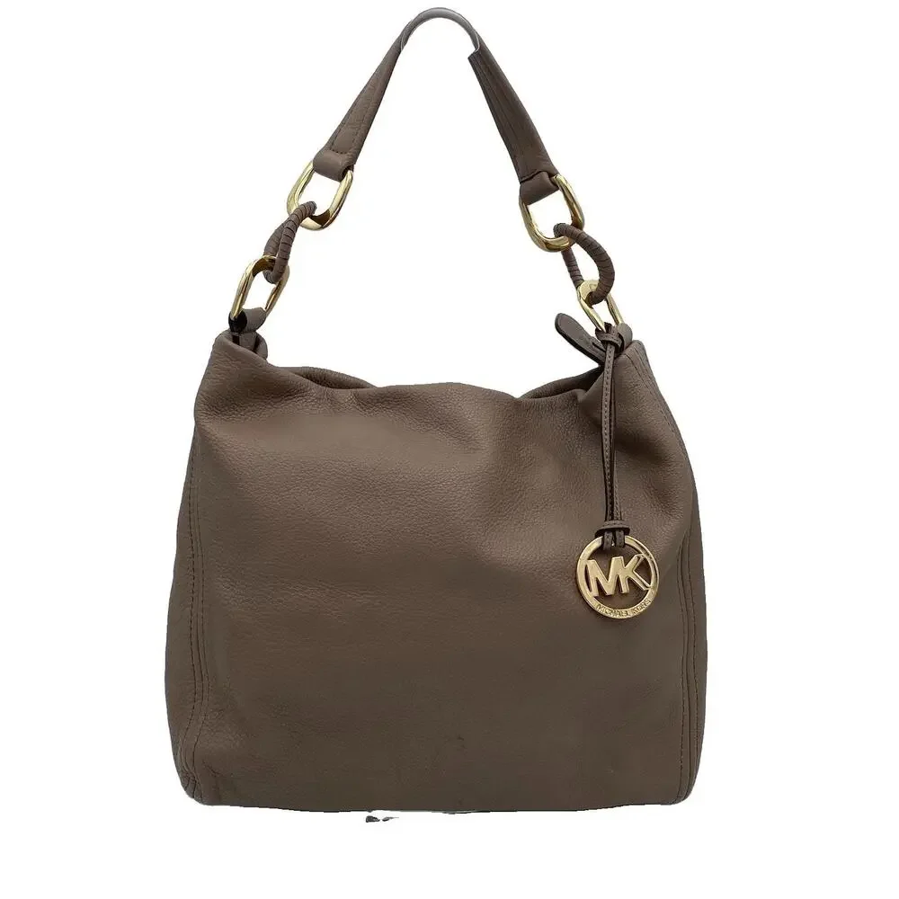 Michael Kors Taupe Hobo Shoulder Bag Soft Pebbled Leather Gold Chain Hardware